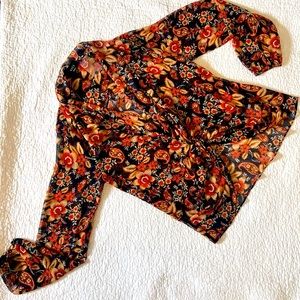 Vici Women's Blue & Orange Floral Ruched Sheer Blouse Shirt Top; S